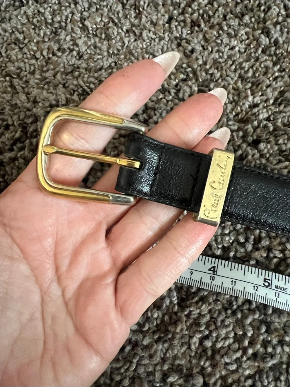 Vintage-Pierre Cardin Black Leather Belt with Gold Logo Accent